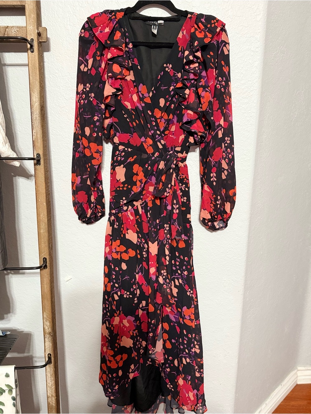 Slate & Willow Black Asymmetrical Wrap Dress with Red & Pink Floral